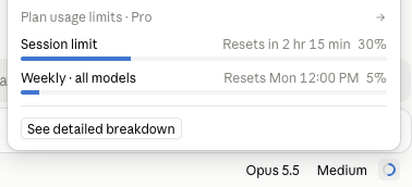 Claude's usage meter, showing Plan usage limits for Pro: Session limit 30% used, resets in 2 hr 15 min; Weekly, all models, 5% used, resets Monday at 12:00 PM.